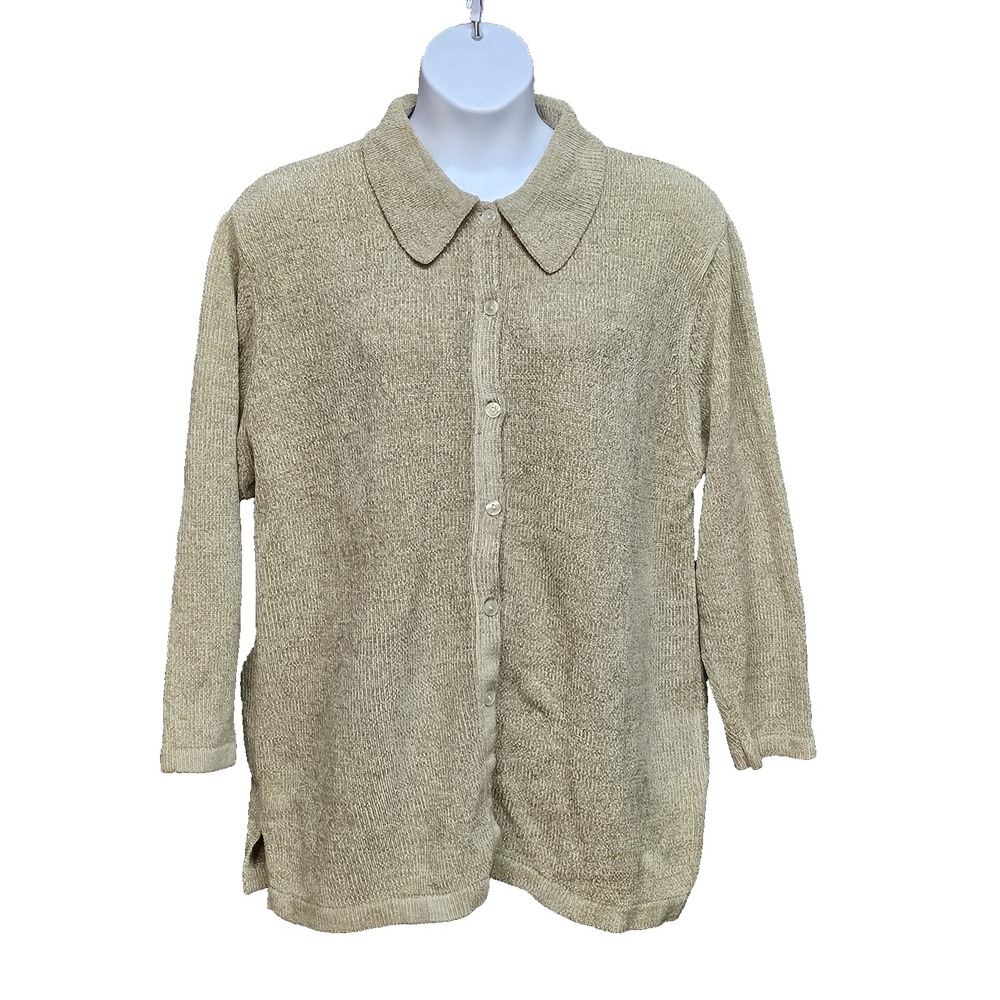 Denim & Co Button Up Top Womens 2X Beige Chenelle Knit Grannycore‎ Minimalist